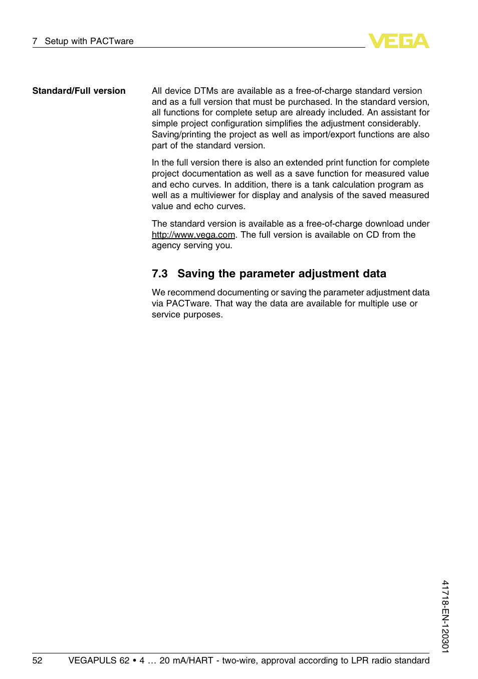 3 saving the parameter adjustment data | VEGA VEGAPULS 62 (≥ 2.0.0 - ≥ 4.0.0) 4 … 20 mA_HART - two-wire, approval according to LPR radio standard User Manual | Page 52 / 88
