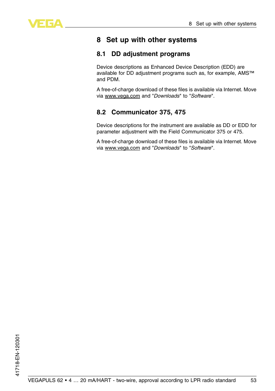 8 set up with other systems, 1 dd adjustment programs, 2 communicator 375, 475 | 8set up with other systems | VEGA VEGAPULS 62 (≥ 2.0.0 - ≥ 4.0.0) 4 … 20 mA_HART - two-wire, approval according to LPR radio standard User Manual | Page 53 / 88