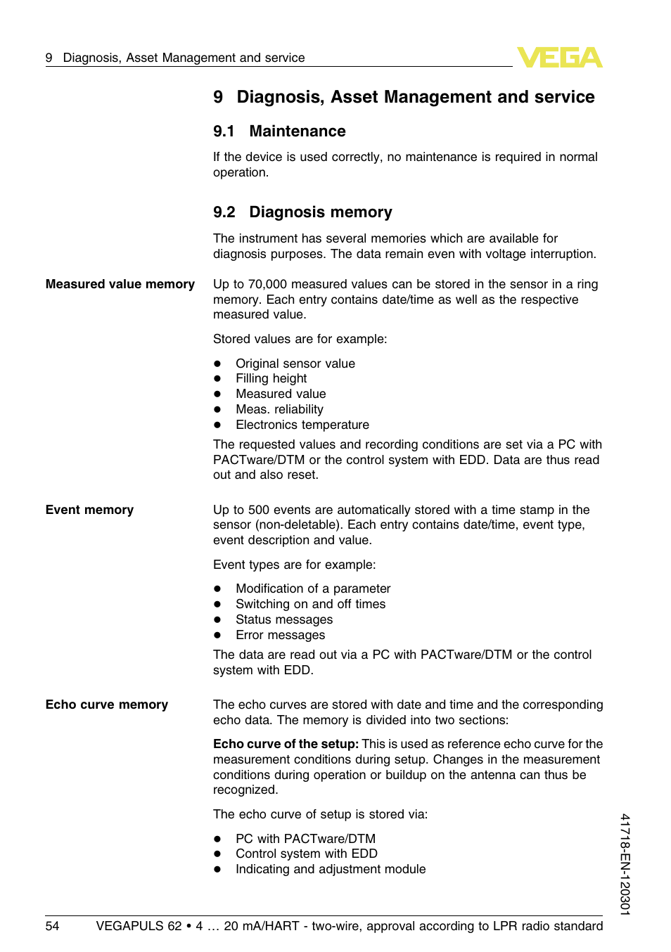 9 diagnosis, asset management and service, 1 maintenance, 2 diagnosis memory | 9diagnosis, asset management and service | VEGA VEGAPULS 62 (≥ 2.0.0 - ≥ 4.0.0) 4 … 20 mA_HART - two-wire, approval according to LPR radio standard User Manual | Page 54 / 88