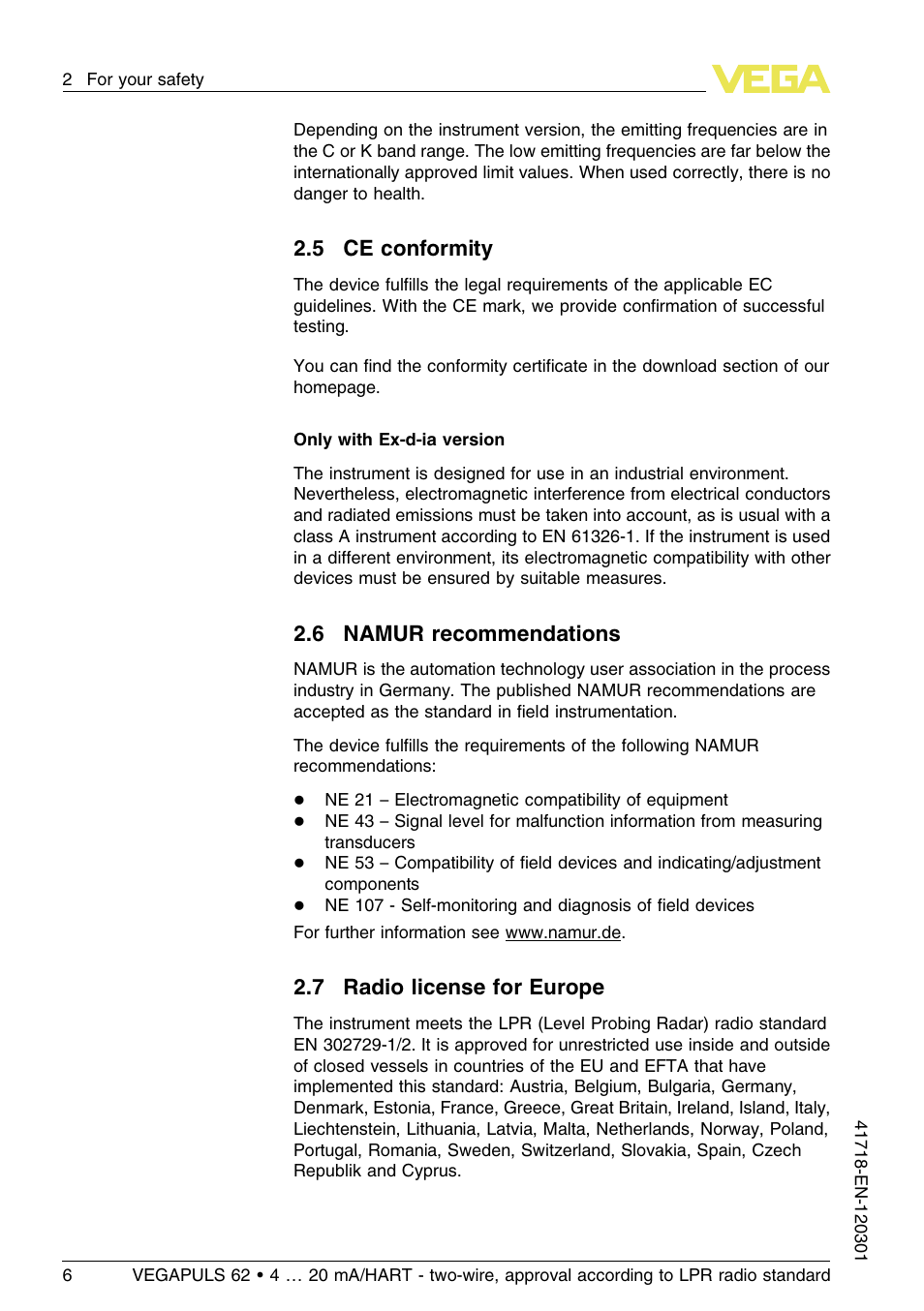 5 ce conformity, 6 namur recommendations, 7 radio license for europe | VEGA VEGAPULS 62 (≥ 2.0.0 - ≥ 4.0.0) 4 … 20 mA_HART - two-wire, approval according to LPR radio standard User Manual | Page 6 / 88