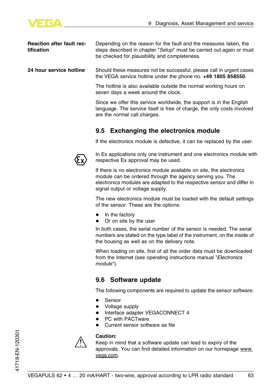 5 exchanging the electronics module, 6 software update | VEGA VEGAPULS 62 (≥ 2.0.0 - ≥ 4.0.0) 4 … 20 mA_HART - two-wire, approval according to LPR radio standard User Manual | Page 63 / 88