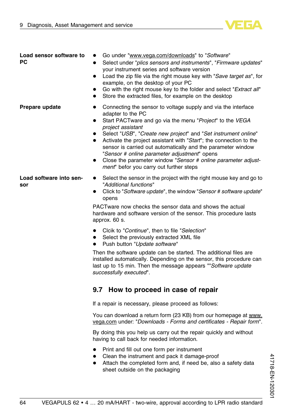 7 how to proceed in case of repair | VEGA VEGAPULS 62 (≥ 2.0.0 - ≥ 4.0.0) 4 … 20 mA_HART - two-wire, approval according to LPR radio standard User Manual | Page 64 / 88