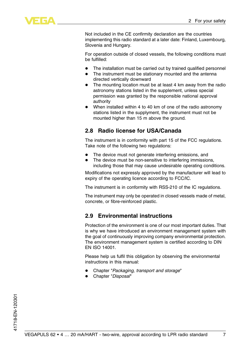 8 radio license for usa/canada, 9 environmental instructions | VEGA VEGAPULS 62 (≥ 2.0.0 - ≥ 4.0.0) 4 … 20 mA_HART - two-wire, approval according to LPR radio standard User Manual | Page 7 / 88