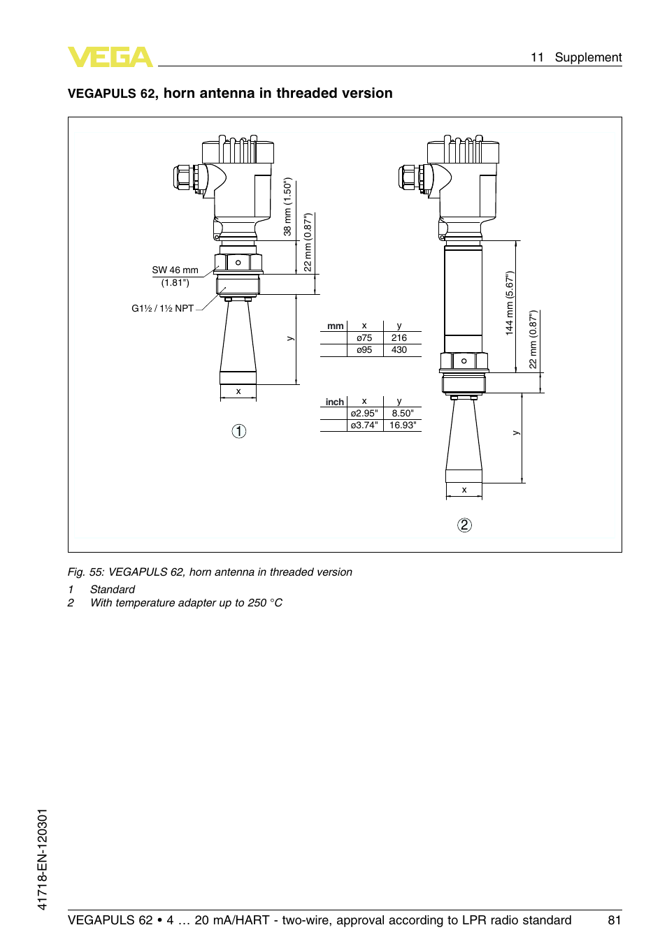 Horn antenna in threaded version, Vegapuls 62 | VEGA VEGAPULS 62 (≥ 2.0.0 - ≥ 4.0.0) 4 … 20 mA_HART - two-wire, approval according to LPR radio standard User Manual | Page 81 / 88