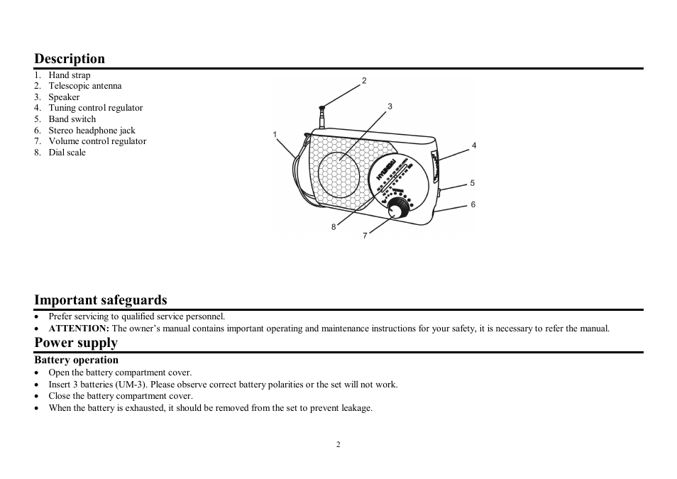 Description, Important safeguards, Power supply | Hyundai H-1601 User Manual | Page 2 / 5