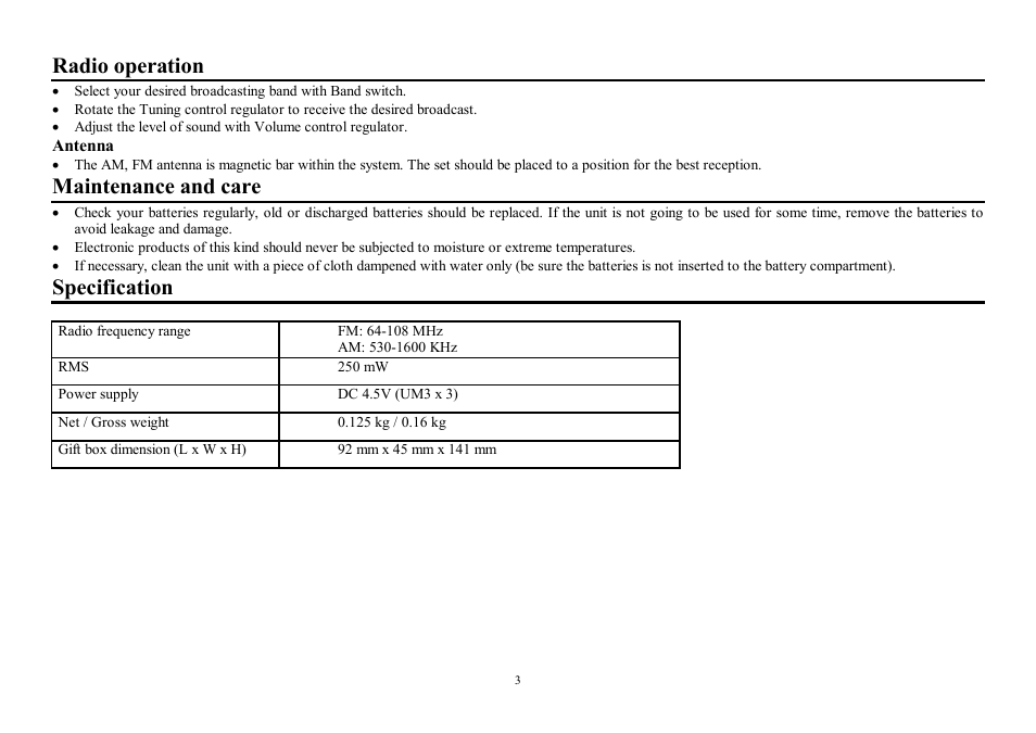 Radio operation, Maintenance and care, Specification | Hyundai H-1601 User Manual | Page 3 / 5