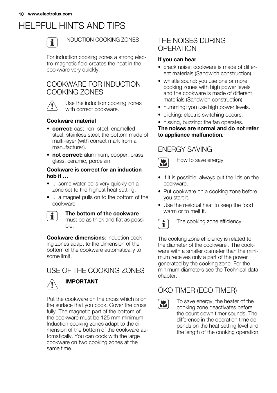Helpful hints and tips, Cookware for induction cooking zones, Use of the cooking zones | The noises during operation, Energy saving, Öko timer (eco timer) | Electrolux EHI 6740 FOK User Manual | Page 10 / 80