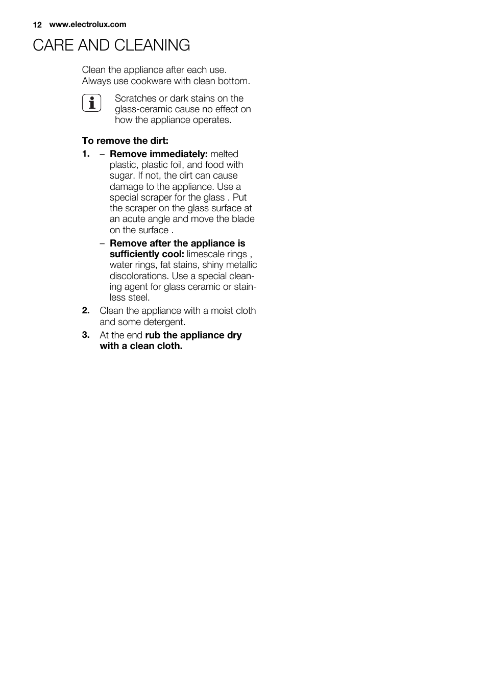 Care and cleaning | Electrolux EHI 6740 FOK User Manual | Page 12 / 80