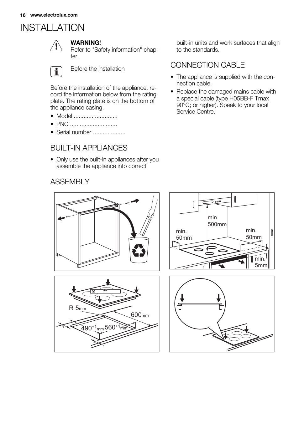 Installation, Built-in appliances, Connection cable | Assembly | Electrolux EHI 6740 FOK User Manual | Page 16 / 80