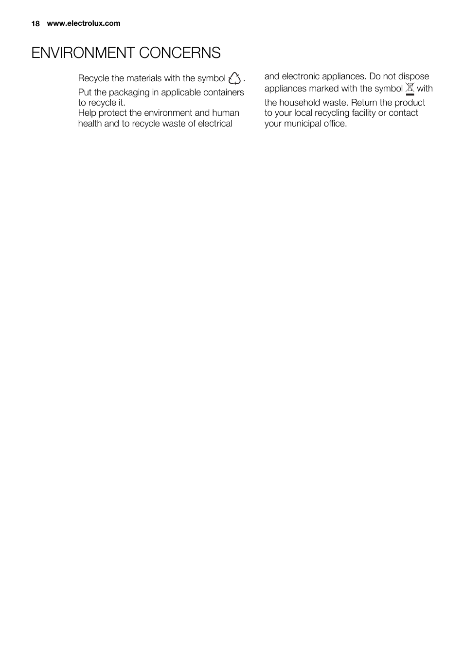 Environment concerns | Electrolux EHI 6740 FOK User Manual | Page 18 / 80