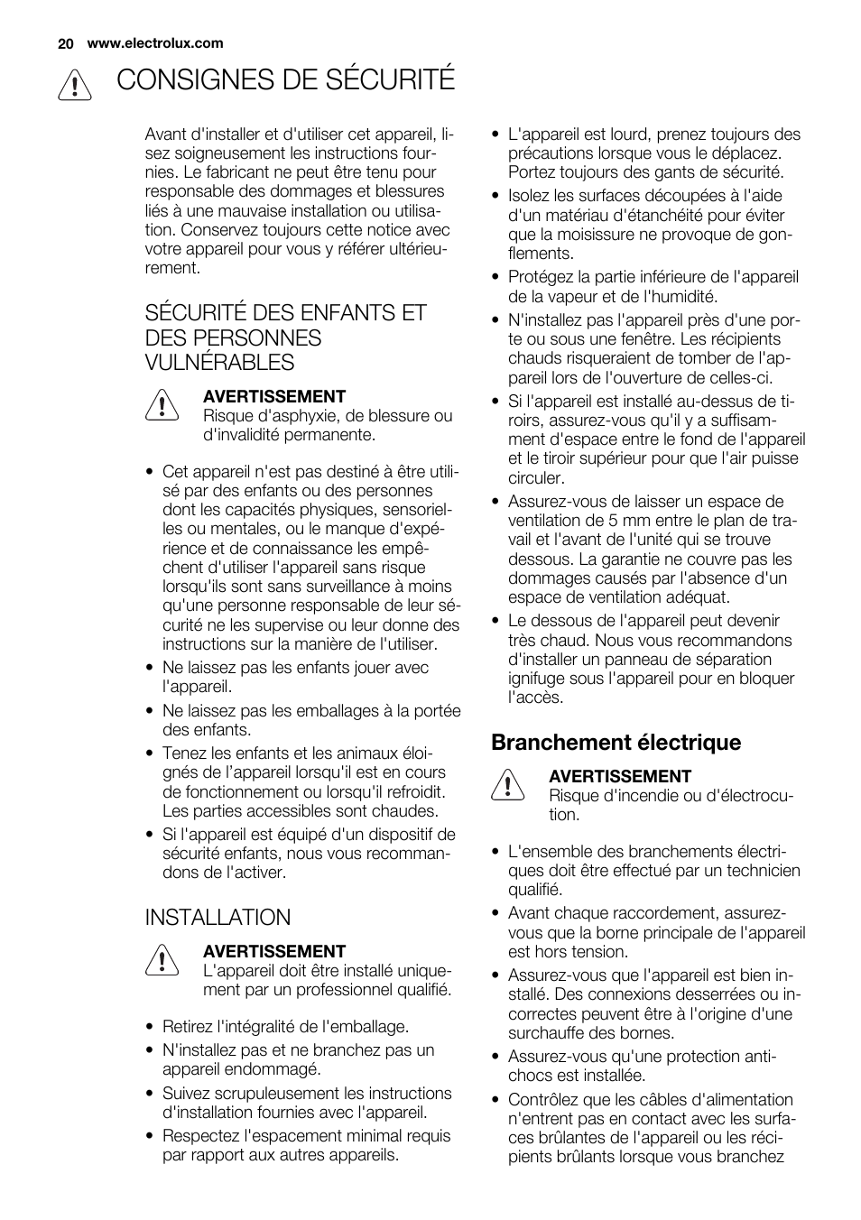 Consignes de sécurité, Sécurité des enfants et des personnes vulnérables, Installation | Branchement électrique | Electrolux EHI 6740 FOK User Manual | Page 20 / 80