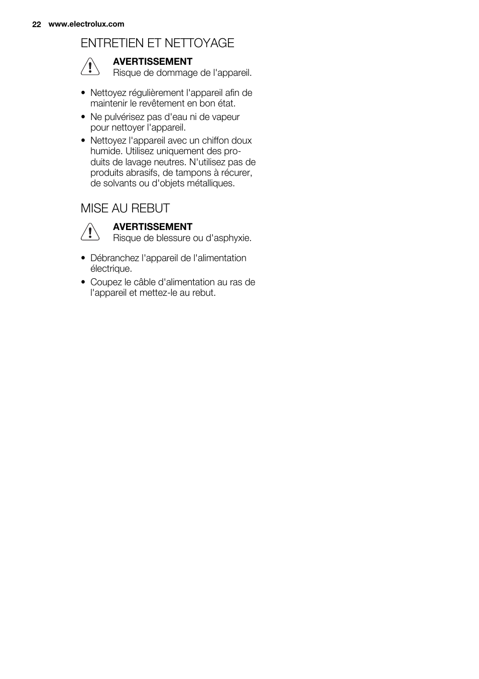 Entretien et nettoyage, Mise au rebut | Electrolux EHI 6740 FOK User Manual | Page 22 / 80