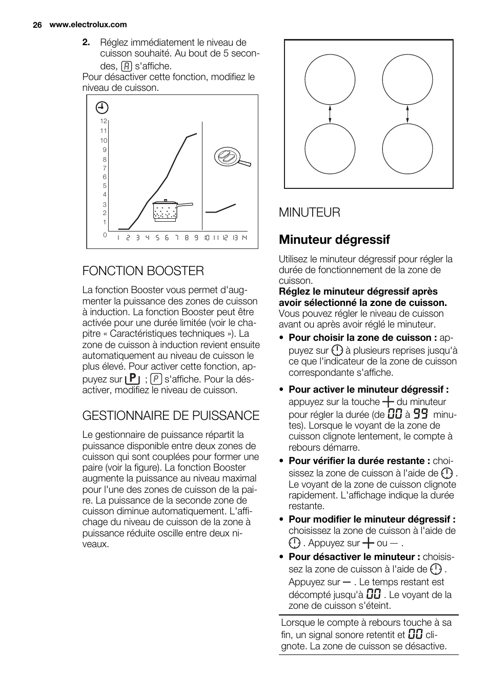 Fonction booster, Gestionnaire de puissance, Minuteur minuteur dégressif | Electrolux EHI 6740 FOK User Manual | Page 26 / 80