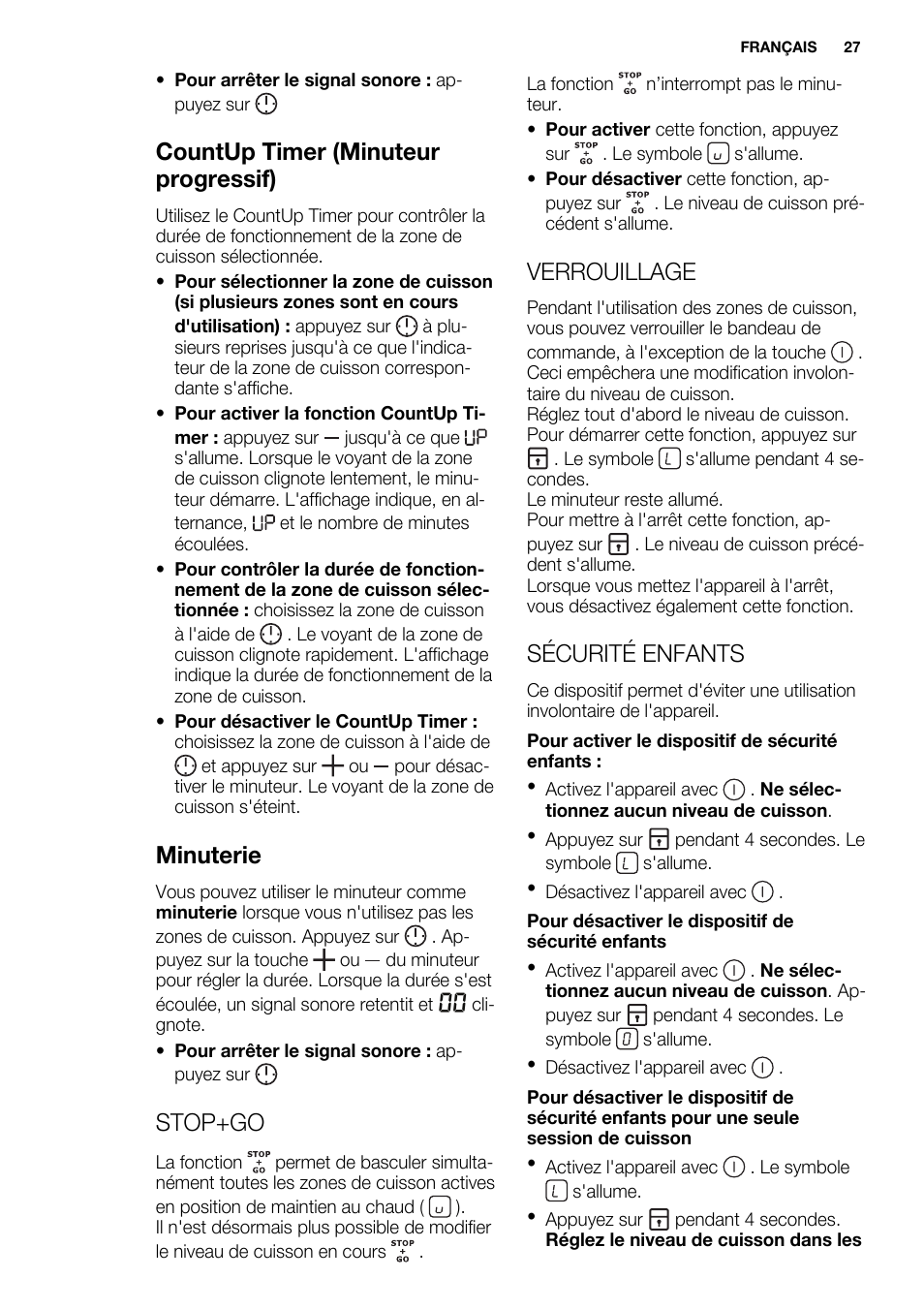 Countup timer (minuteur progressif), Minuterie, Stop+go | Verrouillage, Sécurité enfants | Electrolux EHI 6740 FOK User Manual | Page 27 / 80