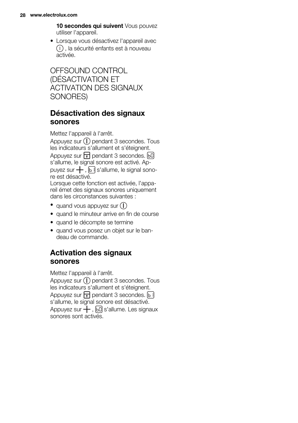 Activation des signaux sonores | Electrolux EHI 6740 FOK User Manual | Page 28 / 80