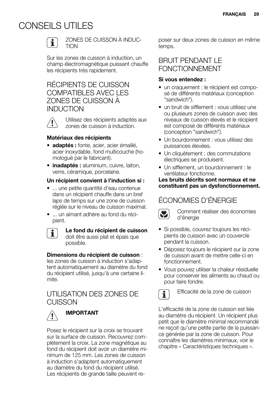 Conseils utiles, Utilisation des zones de cuisson, Bruit pendant le fonctionnement | Économies d'énergie | Electrolux EHI 6740 FOK User Manual | Page 29 / 80