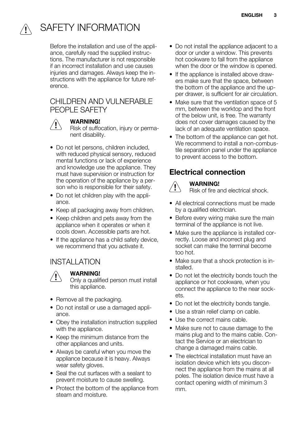 Safety information, Children and vulnerable people safety, Installation | Electrical connection | Electrolux EHI 6740 FOK User Manual | Page 3 / 80