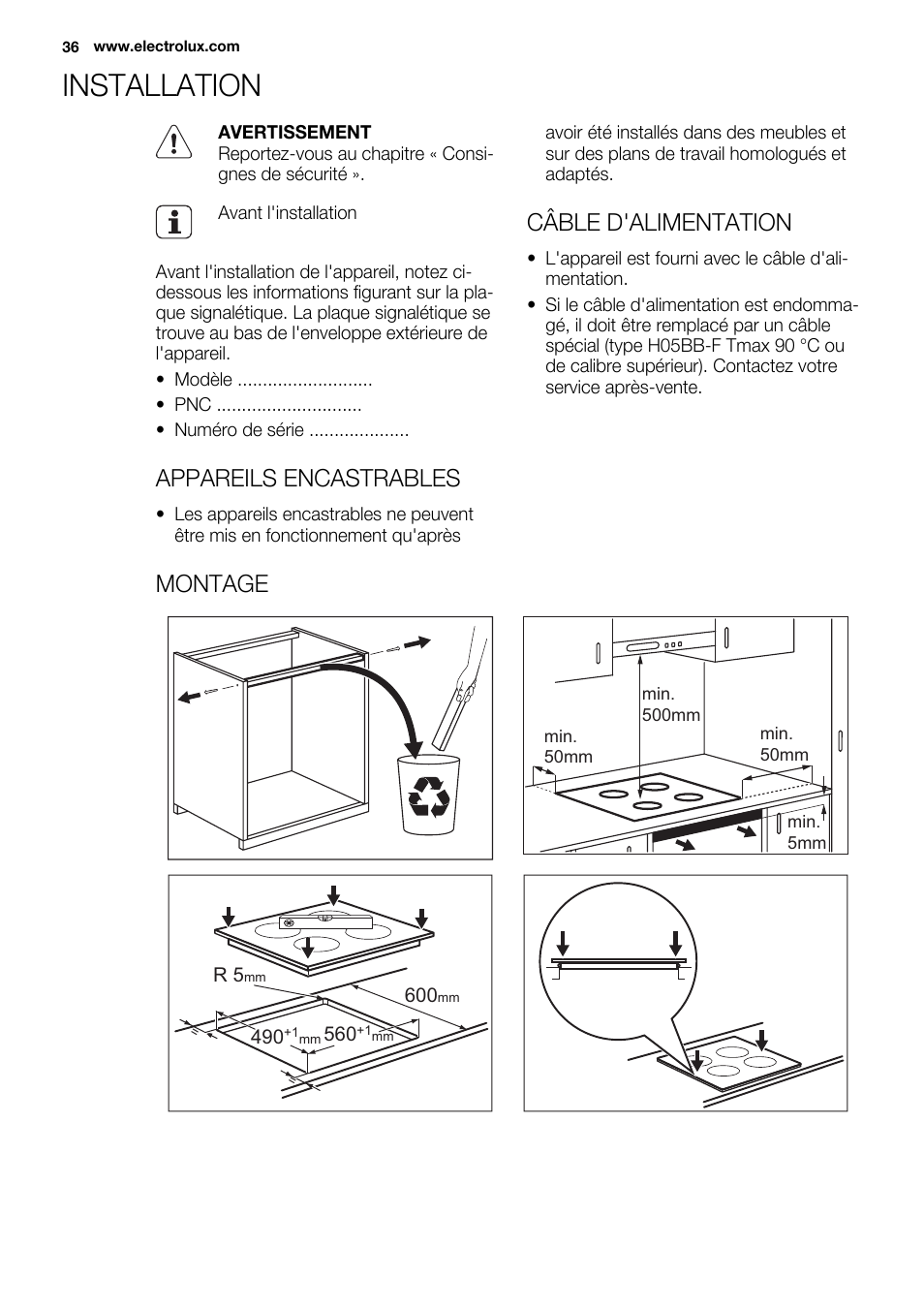 Installation, Appareils encastrables, Câble d'alimentation | Montage | Electrolux EHI 6740 FOK User Manual | Page 36 / 80