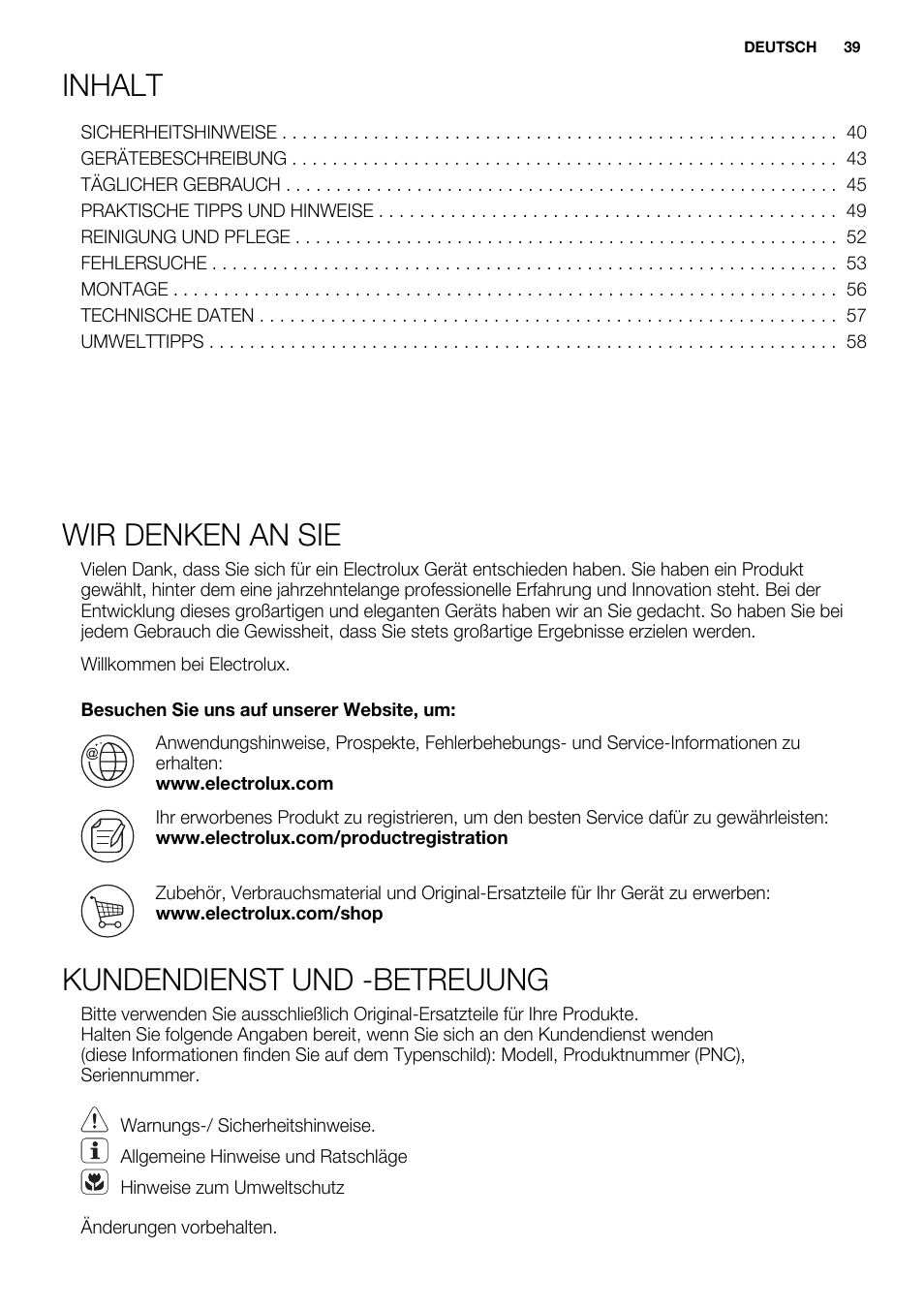 Inhalt, Wir denken an sie, Kundendienst und -betreuung | Electrolux EHI 6740 FOK User Manual | Page 39 / 80