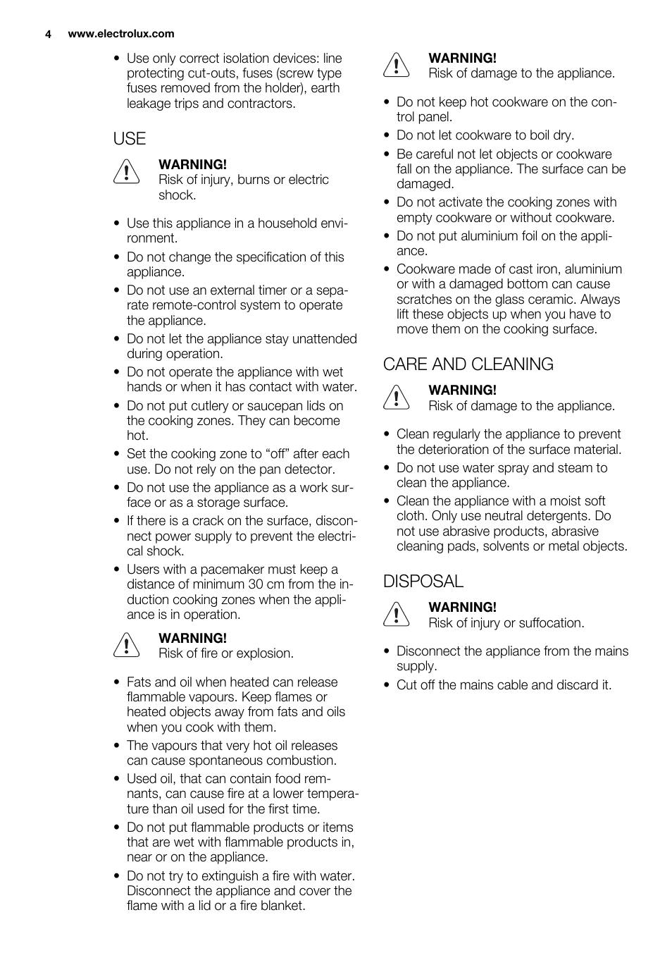 Care and cleaning, Disposal | Electrolux EHI 6740 FOK User Manual | Page 4 / 80