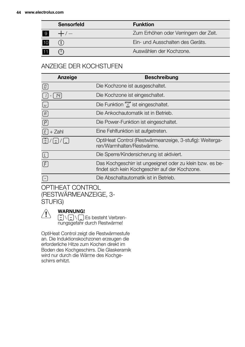 Anzeige der kochstufen, Optiheat control (restwärmeanzeige, 3- stufig) | Electrolux EHI 6740 FOK User Manual | Page 44 / 80