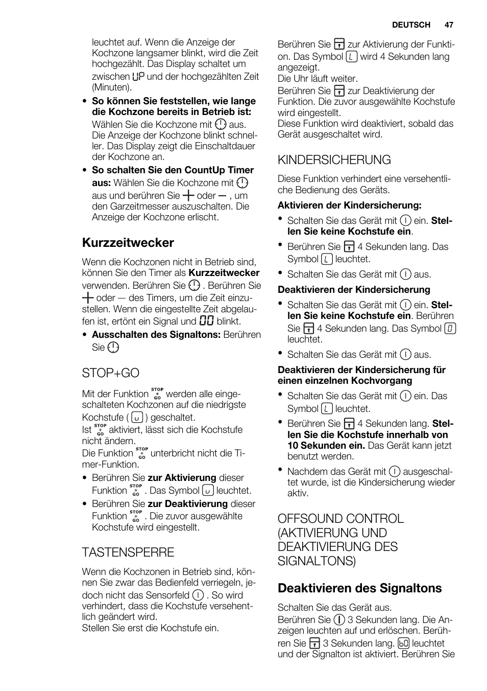 Kurzzeitwecker, Stop+go, Tastensperre | Kindersicherung | Electrolux EHI 6740 FOK User Manual | Page 47 / 80