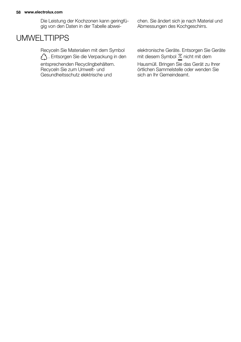 Umwelttipps | Electrolux EHI 6740 FOK User Manual | Page 58 / 80