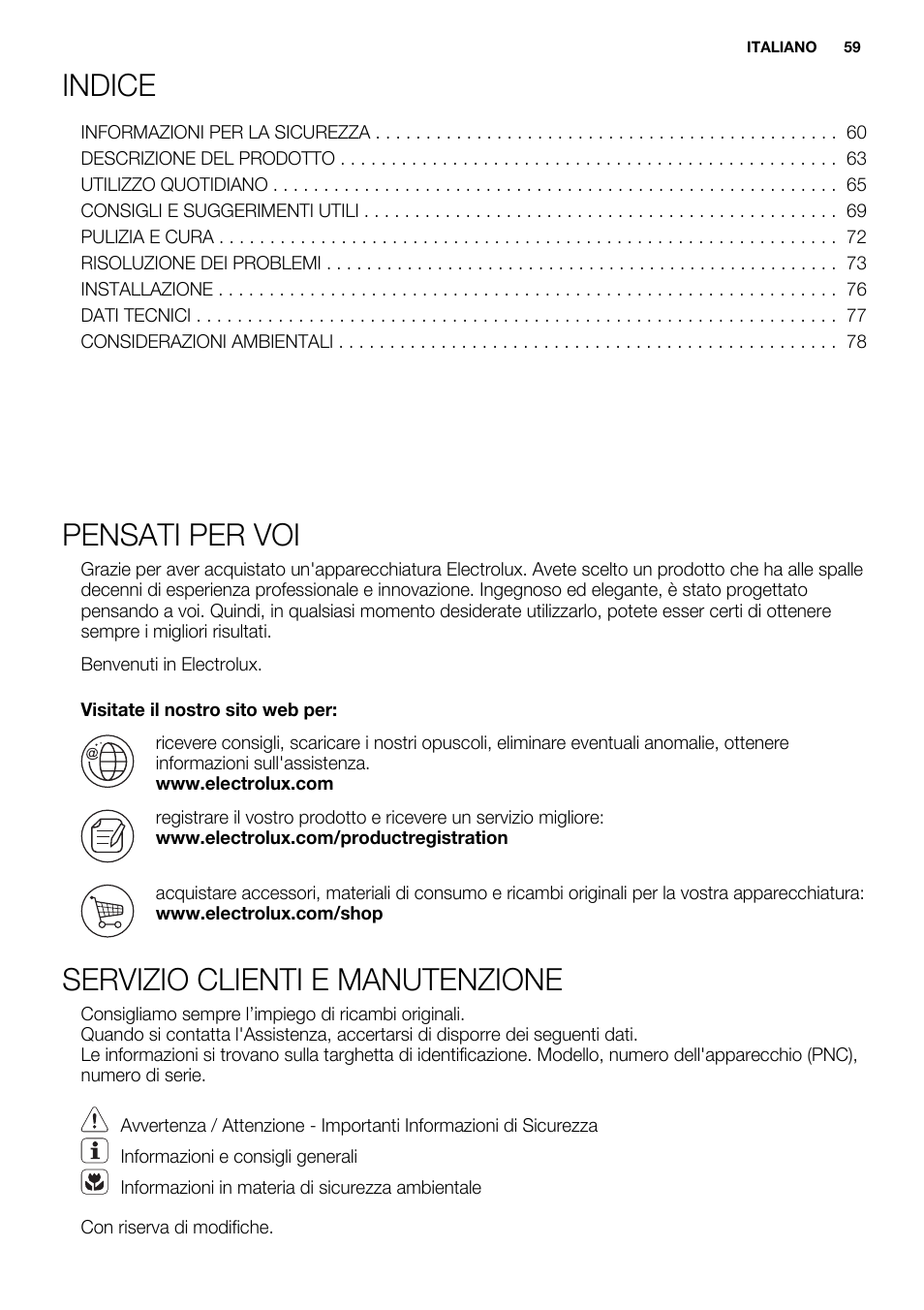 Indice, Pensati per voi, Servizio clienti e manutenzione | Electrolux EHI 6740 FOK User Manual | Page 59 / 80