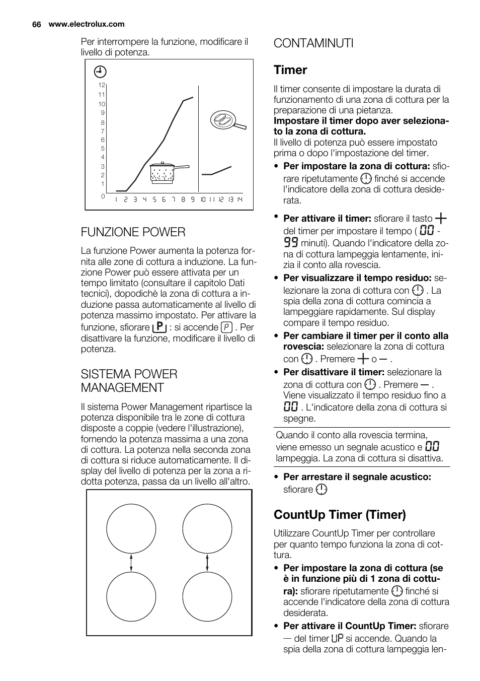 Funzione power, Sistema power management, Contaminuti timer | Countup timer (timer) | Electrolux EHI 6740 FOK User Manual | Page 66 / 80