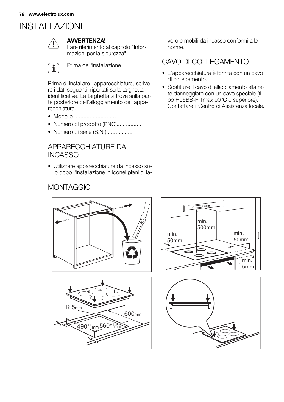 Installazione, Apparecchiature da incasso, Cavo di collegamento | Montaggio | Electrolux EHI 6740 FOK User Manual | Page 76 / 80