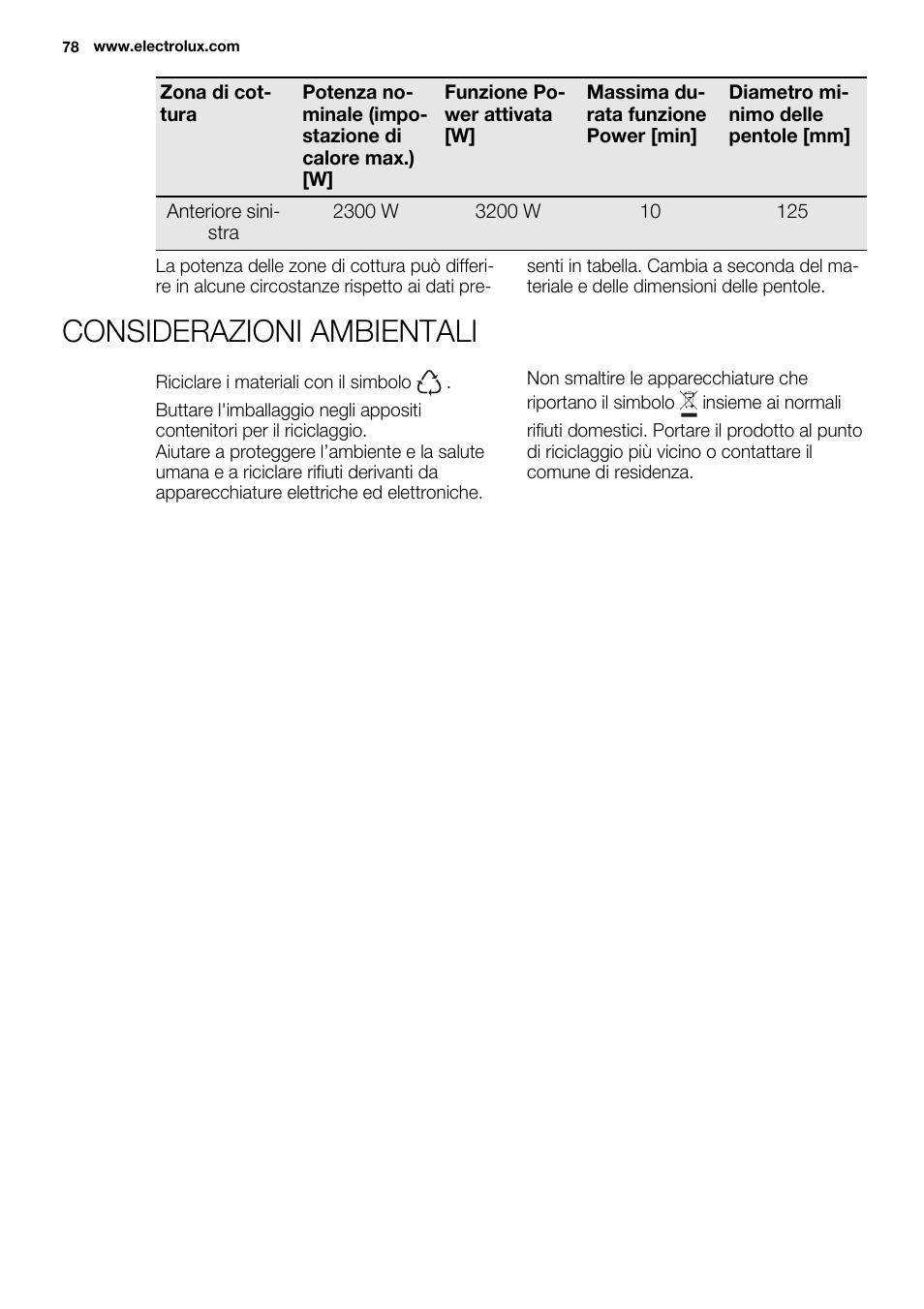 Considerazioni ambientali | Electrolux EHI 6740 FOK User Manual | Page 78 / 80