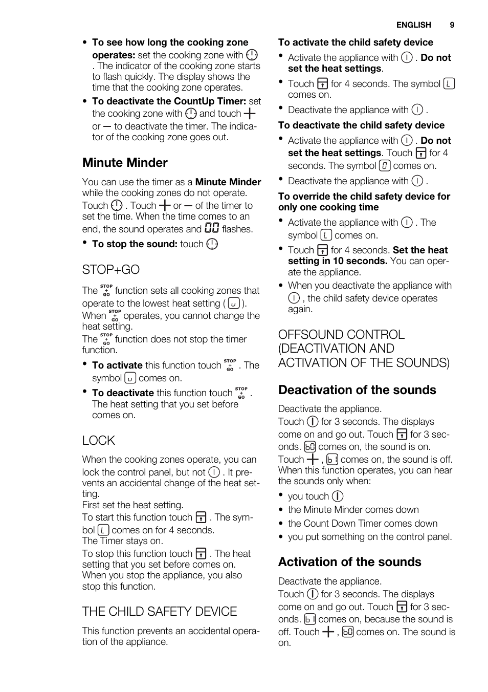 Minute minder, Stop+go, Lock | The child safety device, Activation of the sounds | Electrolux EHI 6740 FOK User Manual | Page 9 / 80