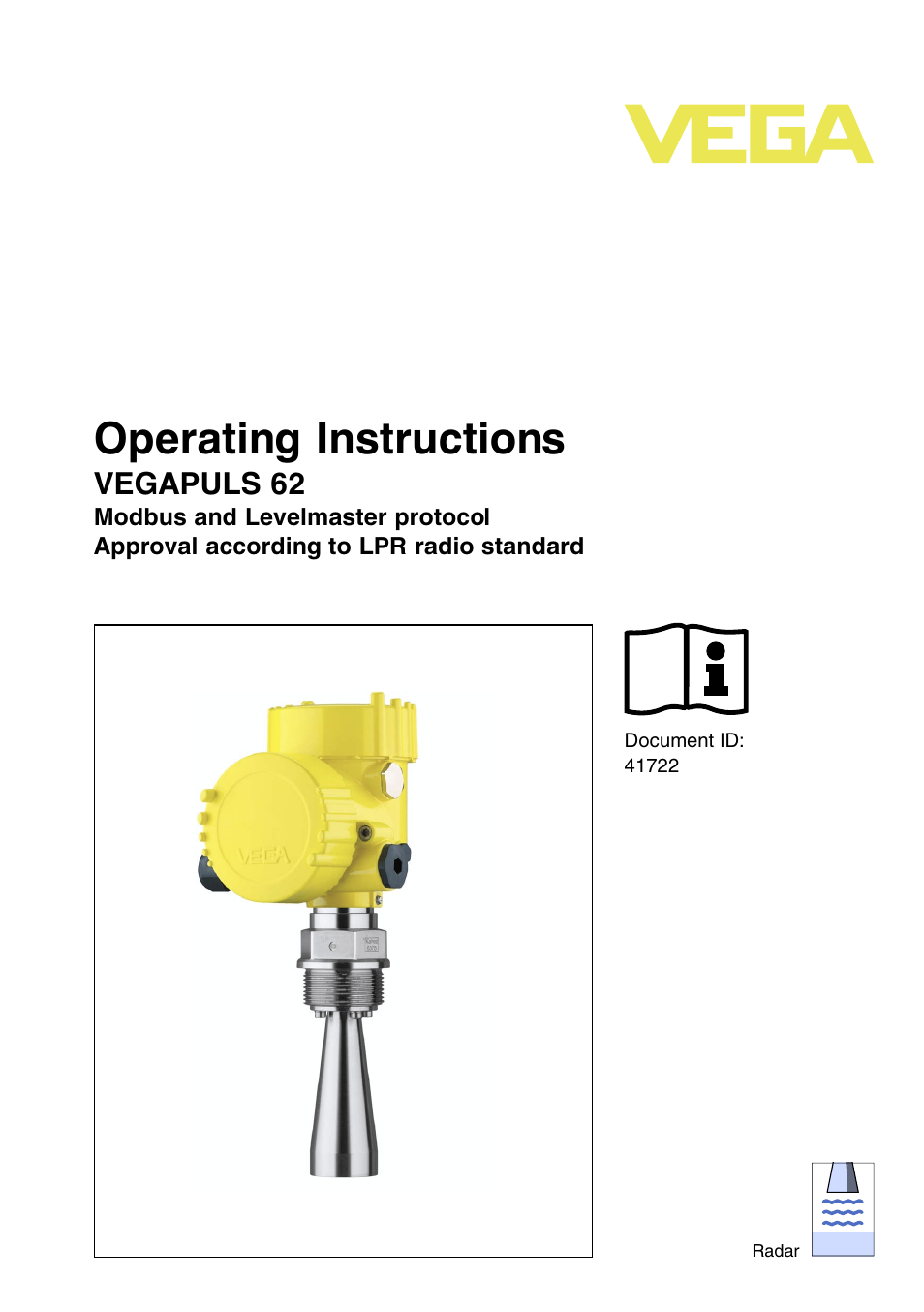 VEGA VEGAPULS 62 (≥ 2.0.0 - ≥ 4.0.0) Modbus and Levelmaster protocol Approval according to LPR radio standard User Manual | 96 pages