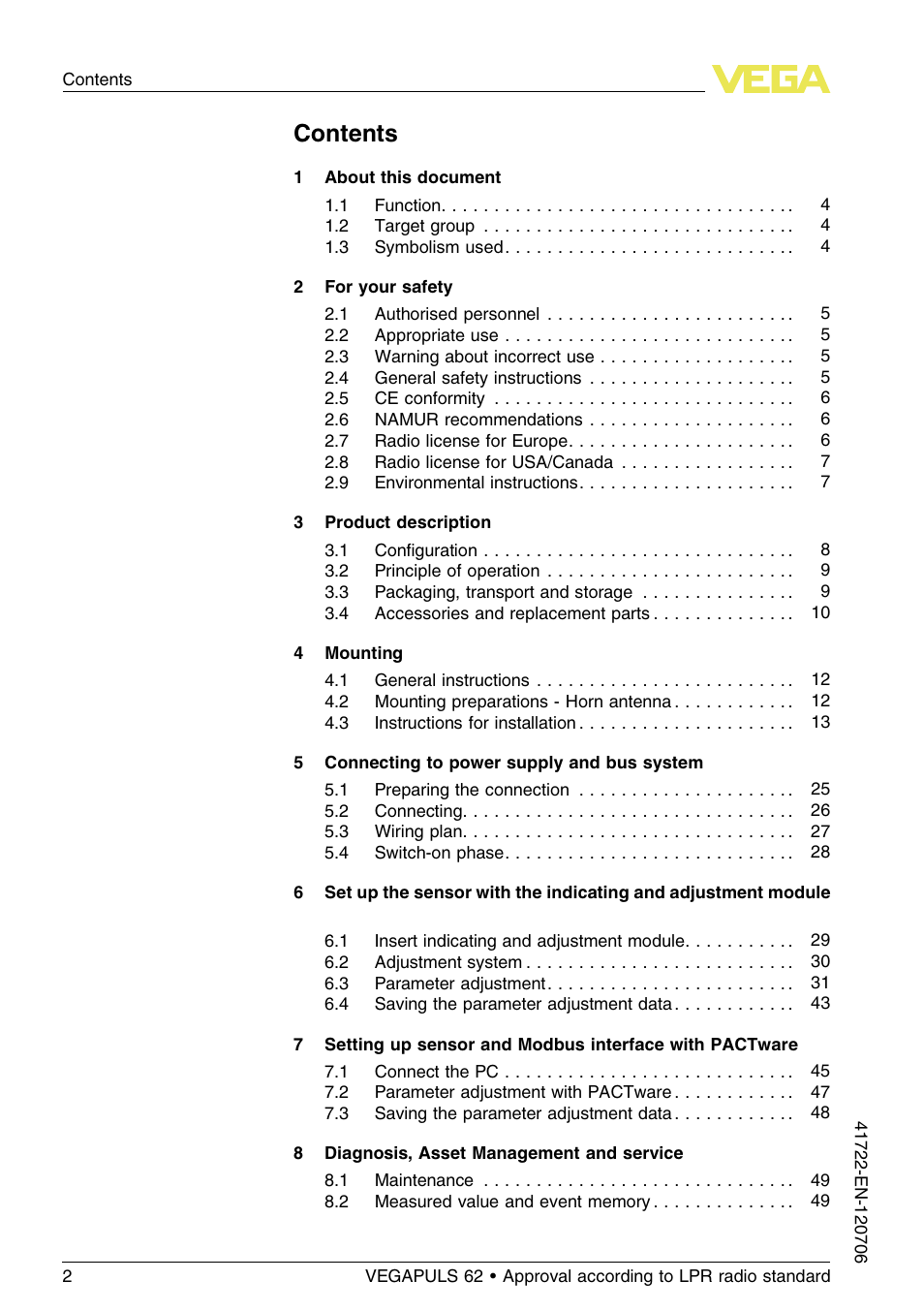 VEGA VEGAPULS 62 (≥ 2.0.0 - ≥ 4.0.0) Modbus and Levelmaster protocol Approval according to LPR radio standard User Manual | Page 2 / 96