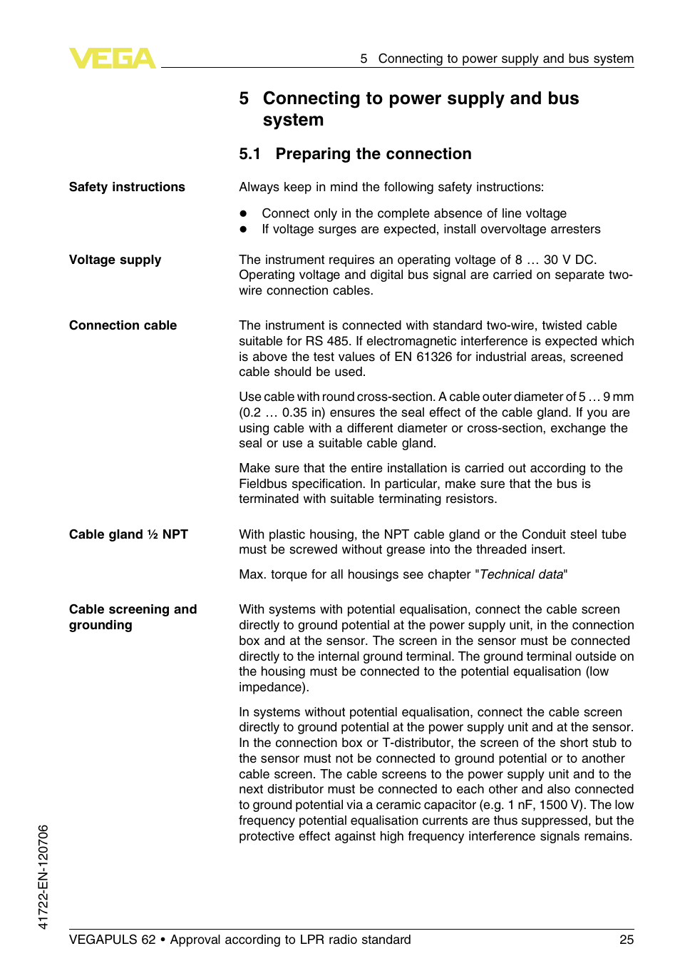 5 connecting to power supply and bus system, 1 preparing the connection, 5connecting to power supply and bus system | VEGA VEGAPULS 62 (≥ 2.0.0 - ≥ 4.0.0) Modbus and Levelmaster protocol Approval according to LPR radio standard User Manual | Page 25 / 96