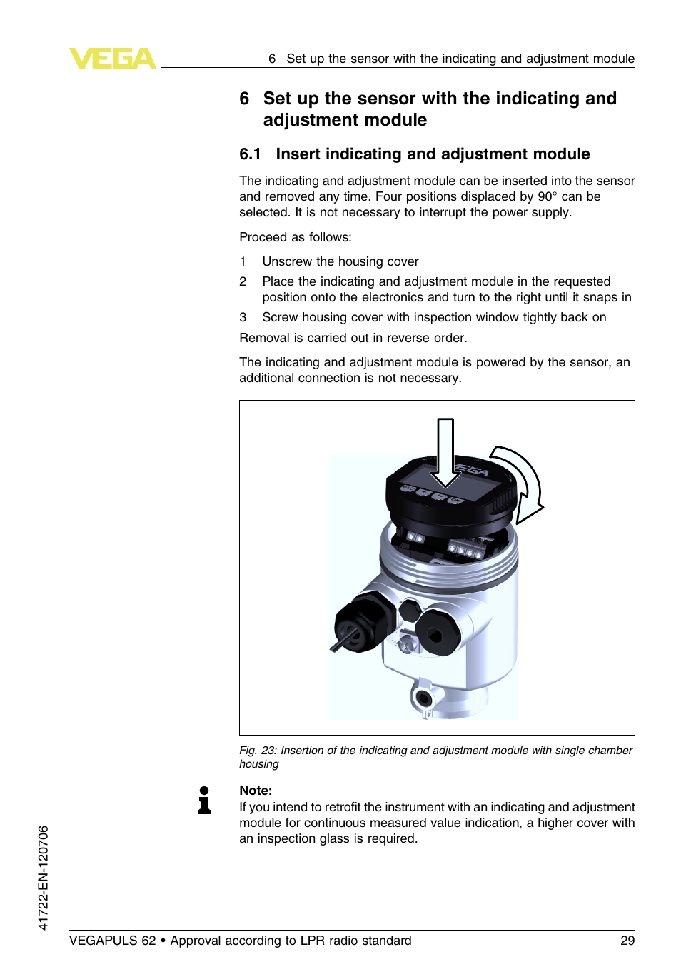 1 insert indicating and adjustment module | VEGA VEGAPULS 62 (≥ 2.0.0 - ≥ 4.0.0) Modbus and Levelmaster protocol Approval according to LPR radio standard User Manual | Page 29 / 96