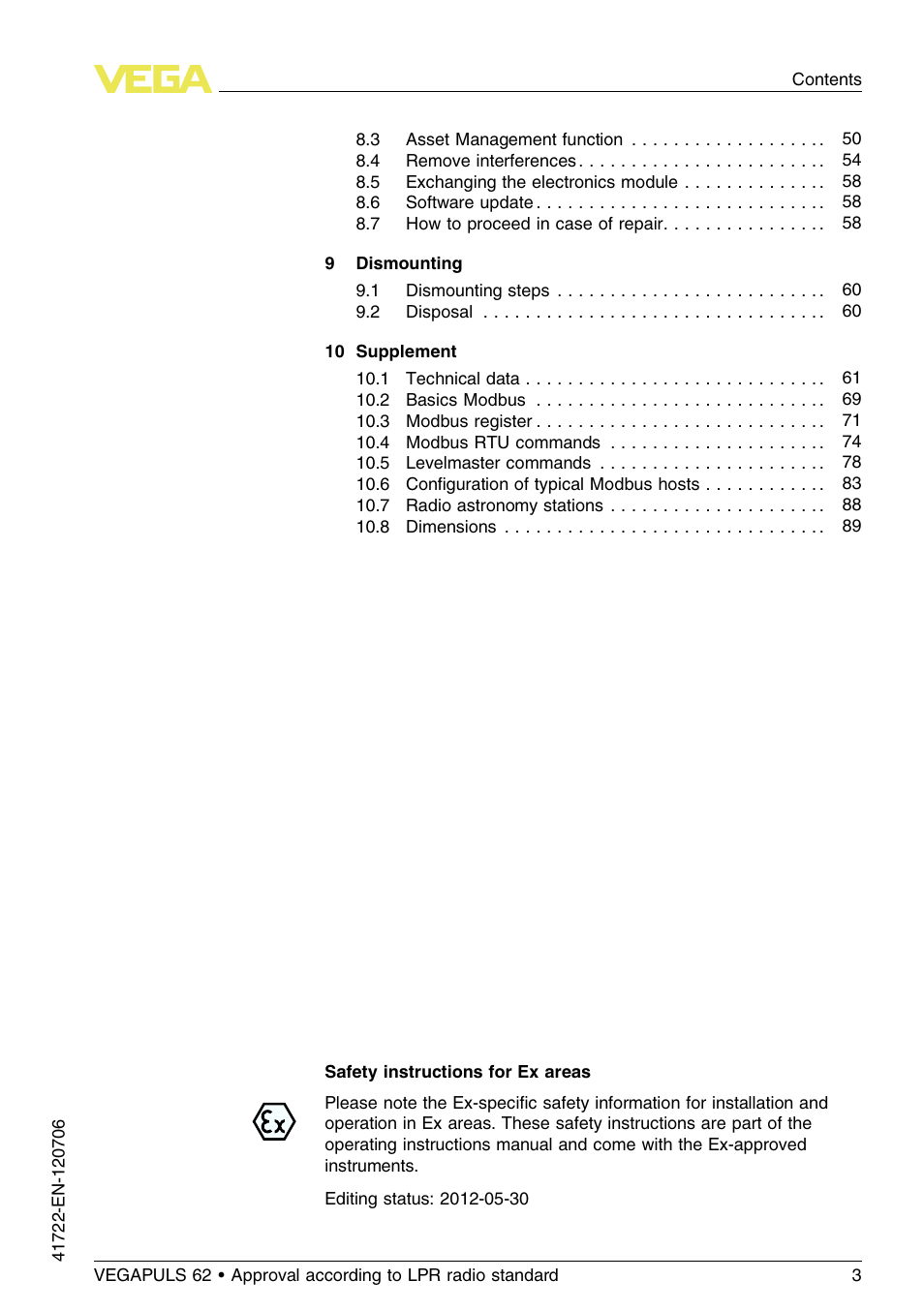 VEGA VEGAPULS 62 (≥ 2.0.0 - ≥ 4.0.0) Modbus and Levelmaster protocol Approval according to LPR radio standard User Manual | Page 3 / 96