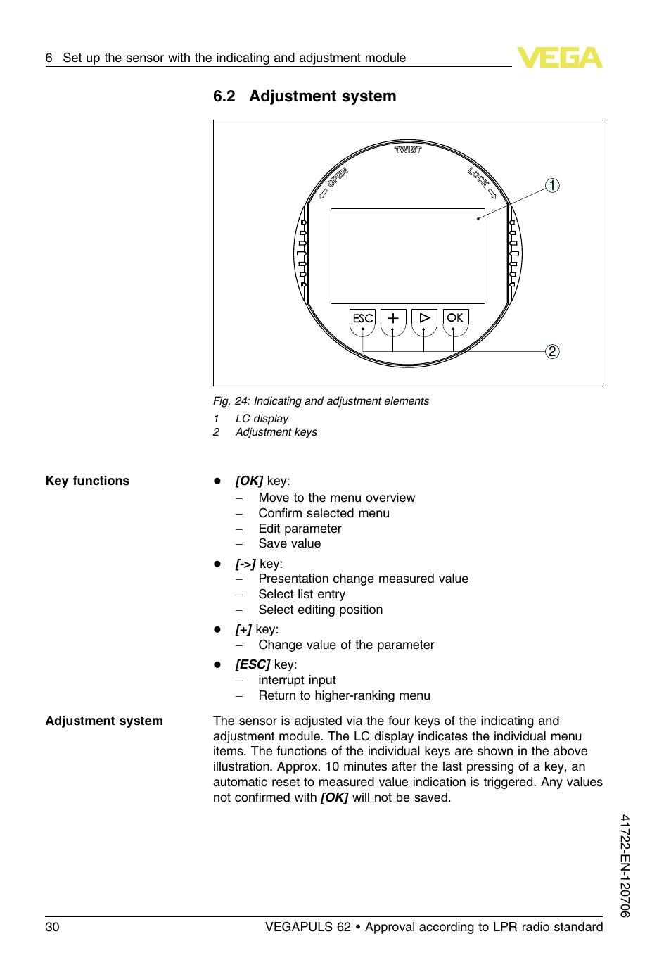 2 adjustment system | VEGA VEGAPULS 62 (≥ 2.0.0 - ≥ 4.0.0) Modbus and Levelmaster protocol Approval according to LPR radio standard User Manual | Page 30 / 96