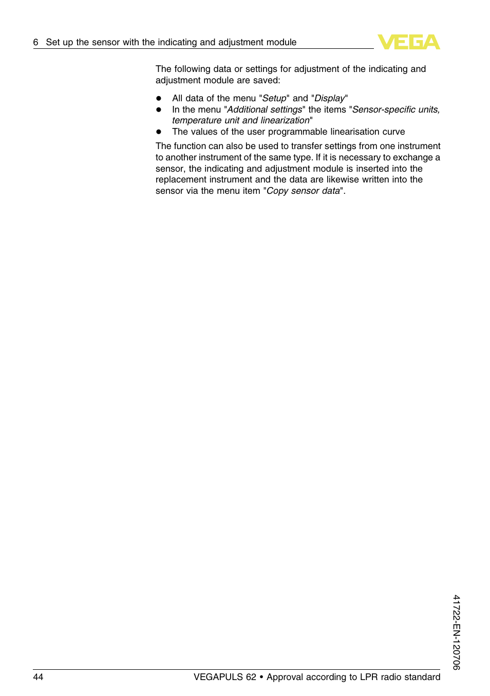VEGA VEGAPULS 62 (≥ 2.0.0 - ≥ 4.0.0) Modbus and Levelmaster protocol Approval according to LPR radio standard User Manual | Page 44 / 96