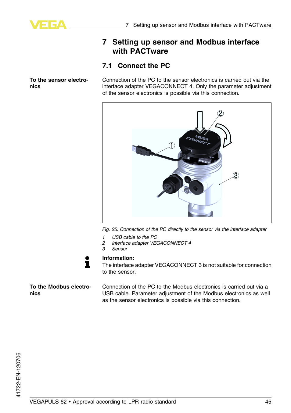 1 connect the pc | VEGA VEGAPULS 62 (≥ 2.0.0 - ≥ 4.0.0) Modbus and Levelmaster protocol Approval according to LPR radio standard User Manual | Page 45 / 96