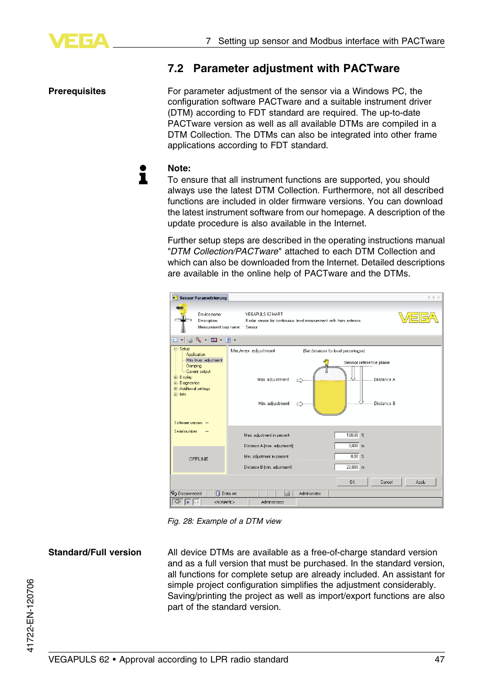 2 parameter adjustment with pactware | VEGA VEGAPULS 62 (≥ 2.0.0 - ≥ 4.0.0) Modbus and Levelmaster protocol Approval according to LPR radio standard User Manual | Page 47 / 96