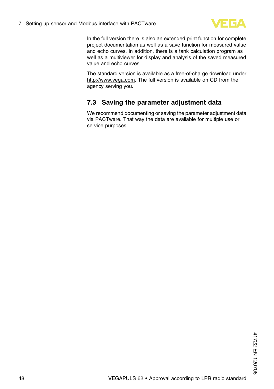3 saving the parameter adjustment data | VEGA VEGAPULS 62 (≥ 2.0.0 - ≥ 4.0.0) Modbus and Levelmaster protocol Approval according to LPR radio standard User Manual | Page 48 / 96