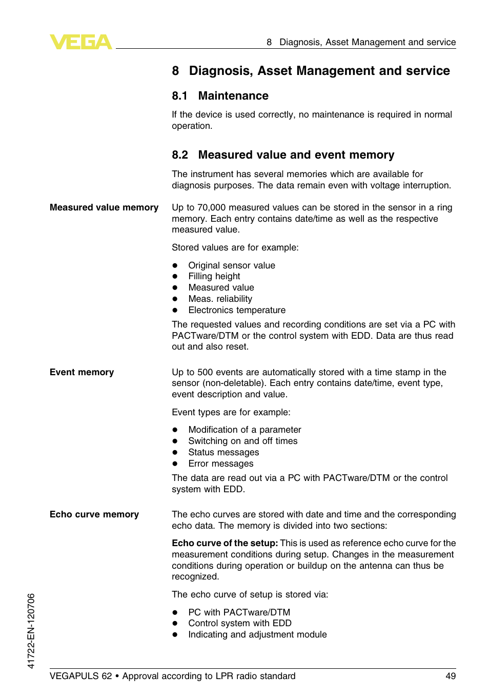 8 diagnosis, asset management and service, 1 maintenance, 2 measured value and event memory | 8diagnosis, asset management and service | VEGA VEGAPULS 62 (≥ 2.0.0 - ≥ 4.0.0) Modbus and Levelmaster protocol Approval according to LPR radio standard User Manual | Page 49 / 96