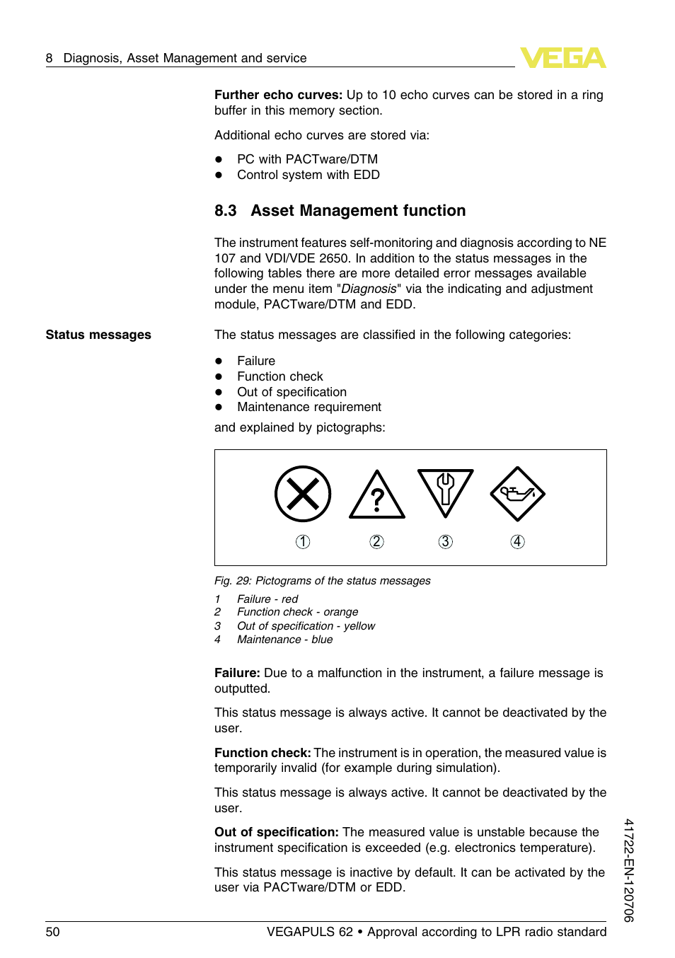 3 asset management function | VEGA VEGAPULS 62 (≥ 2.0.0 - ≥ 4.0.0) Modbus and Levelmaster protocol Approval according to LPR radio standard User Manual | Page 50 / 96