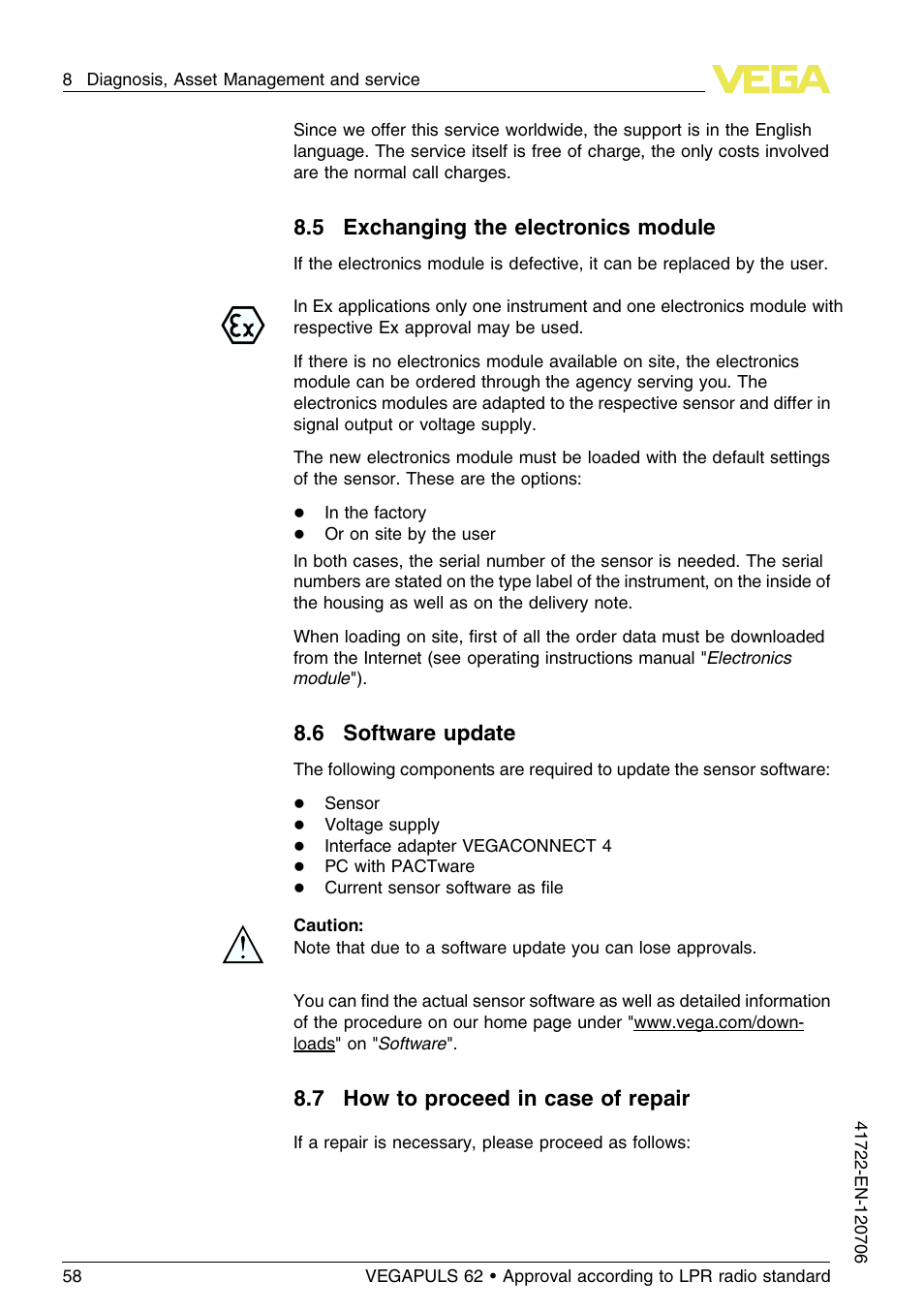 5 exchanging the electronics module, 6 software update, 7 how to proceed in case of repair | VEGA VEGAPULS 62 (≥ 2.0.0 - ≥ 4.0.0) Modbus and Levelmaster protocol Approval according to LPR radio standard User Manual | Page 58 / 96