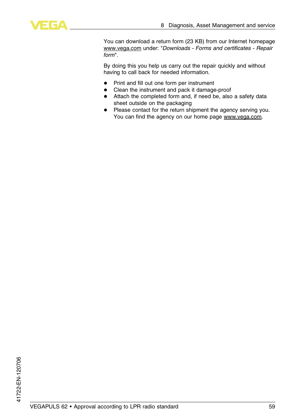 VEGA VEGAPULS 62 (≥ 2.0.0 - ≥ 4.0.0) Modbus and Levelmaster protocol Approval according to LPR radio standard User Manual | Page 59 / 96