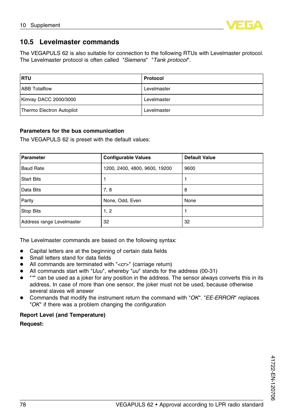 5 levelmaster commands, 10 .5 levelmaster commands | VEGA VEGAPULS 62 (≥ 2.0.0 - ≥ 4.0.0) Modbus and Levelmaster protocol Approval according to LPR radio standard User Manual | Page 78 / 96