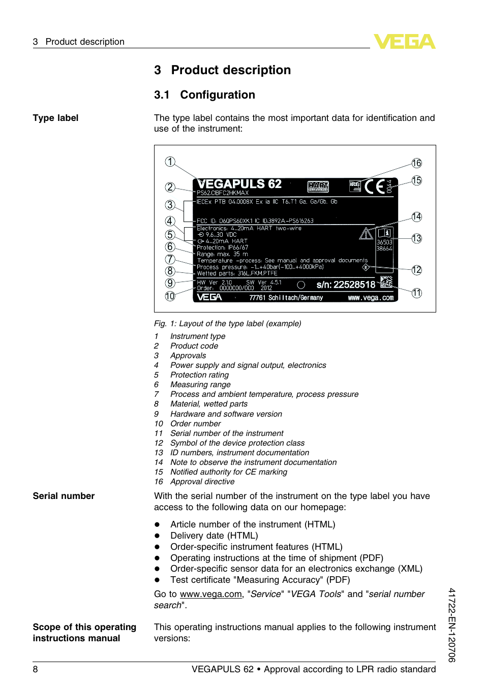 3 product description, 1 configuration, 3product description | 1 conﬁguration | VEGA VEGAPULS 62 (≥ 2.0.0 - ≥ 4.0.0) Modbus and Levelmaster protocol Approval according to LPR radio standard User Manual | Page 8 / 96