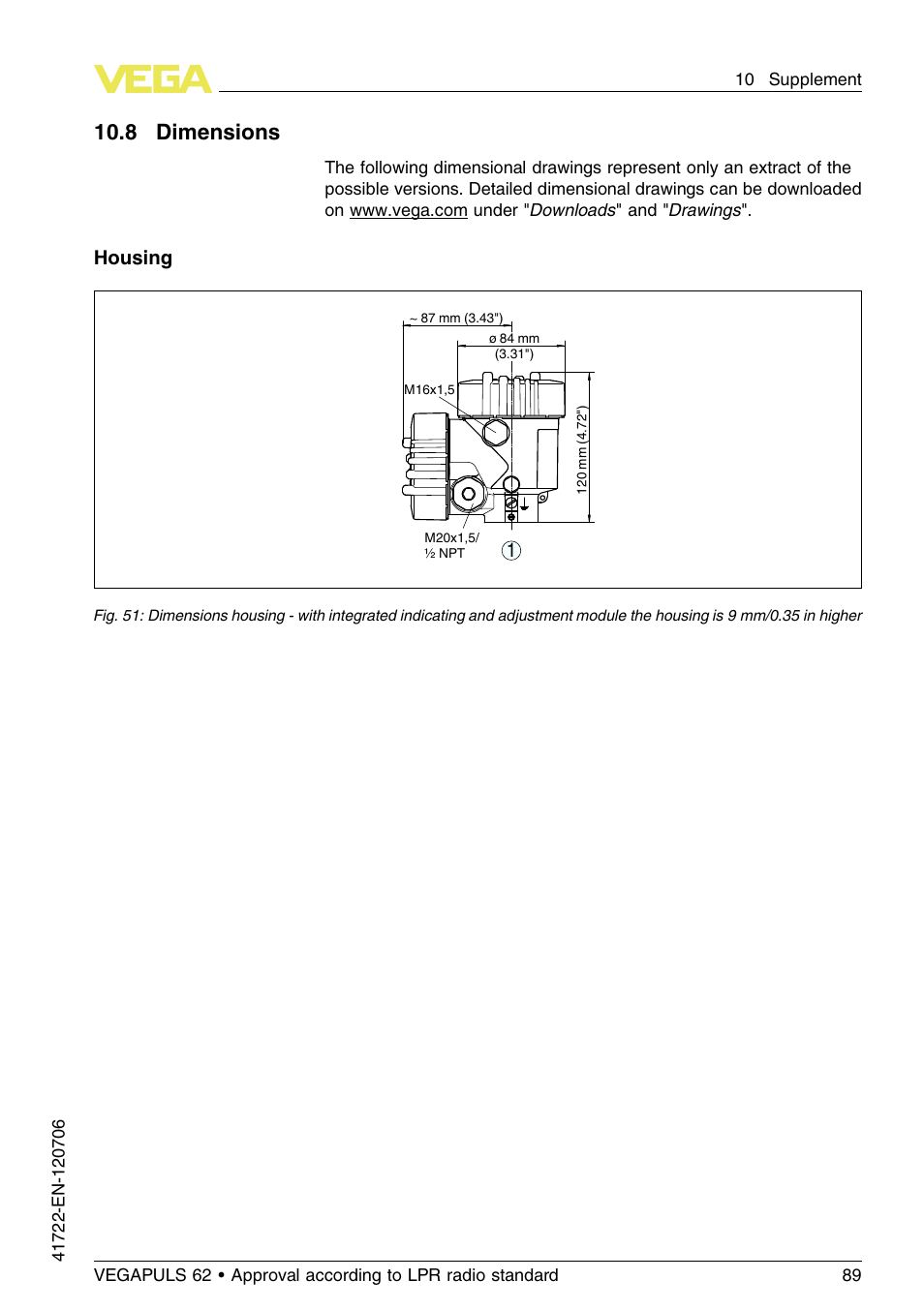10 .8 dimensions | VEGA VEGAPULS 62 (≥ 2.0.0 - ≥ 4.0.0) Modbus and Levelmaster protocol Approval according to LPR radio standard User Manual | Page 89 / 96