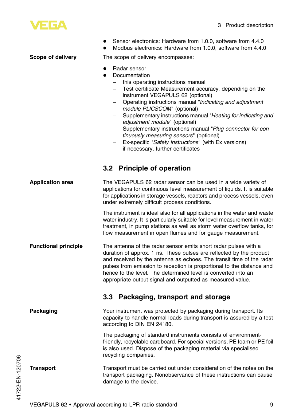 2 principle of operation, 3 packaging, transport and storage | VEGA VEGAPULS 62 (≥ 2.0.0 - ≥ 4.0.0) Modbus and Levelmaster protocol Approval according to LPR radio standard User Manual | Page 9 / 96